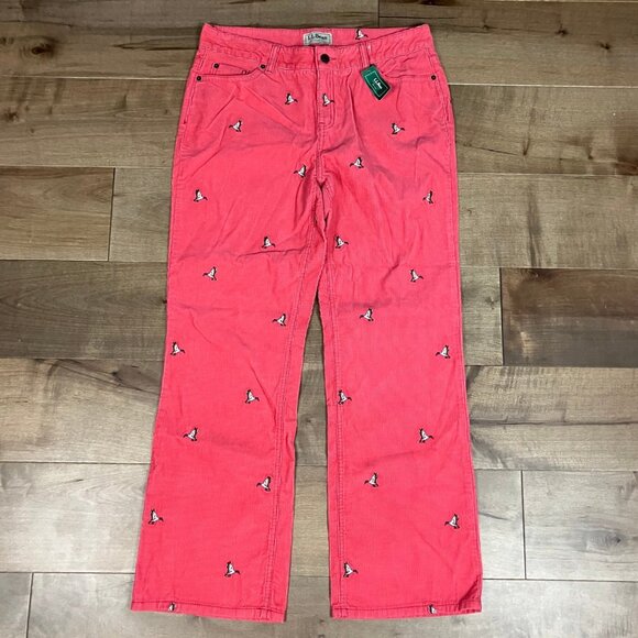 L.L. Bean Women’s Size 14 Reg Straight Pink Corduroy Pants Embroidered Ducks NWT - Picture 1 of 12